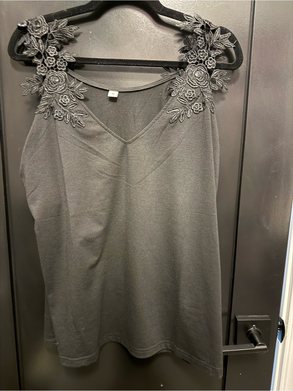 Embroidered Strap V-Neck Tank Top - Black